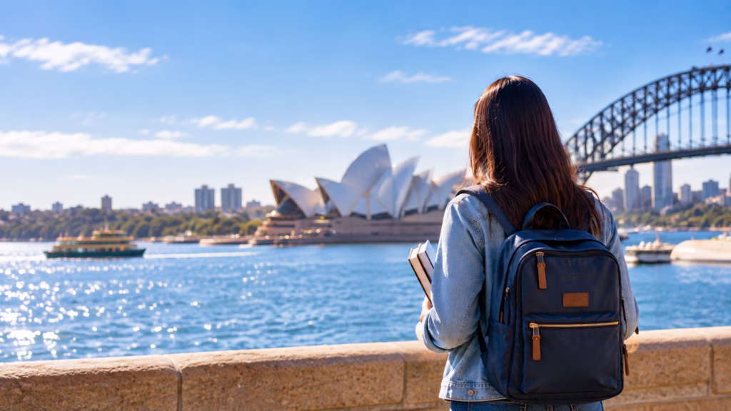 International student overlooking Sydney Harbour in Australia